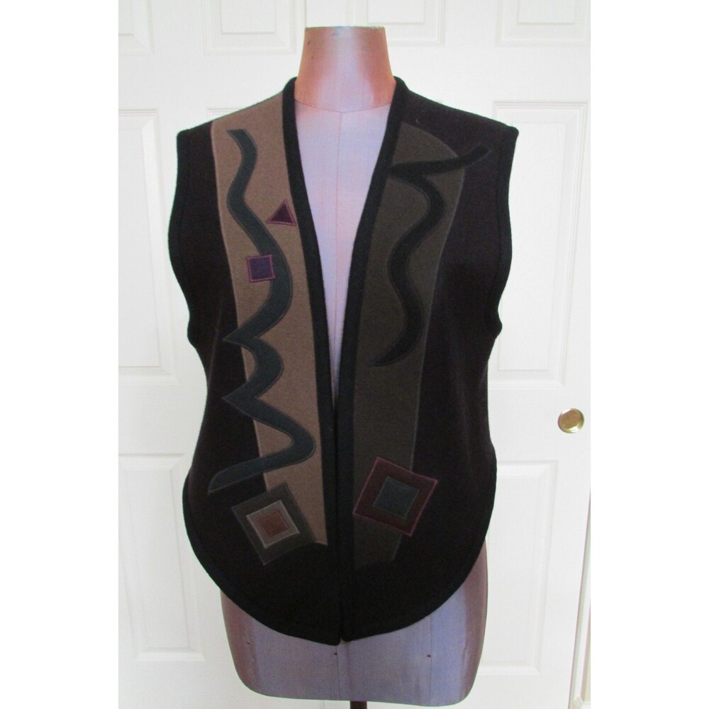 VINTAGE BEPPA ART TO WEAR VEST BLACK/BROWN APPLIQUED Size S=1